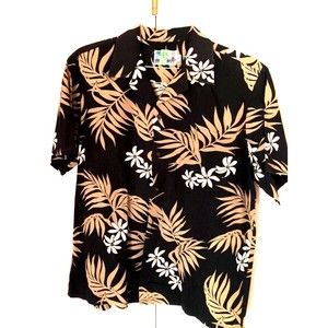Styled By RJC Mens Hawaiian Shirt Black Beige Floral Print Short Sleeve USA L